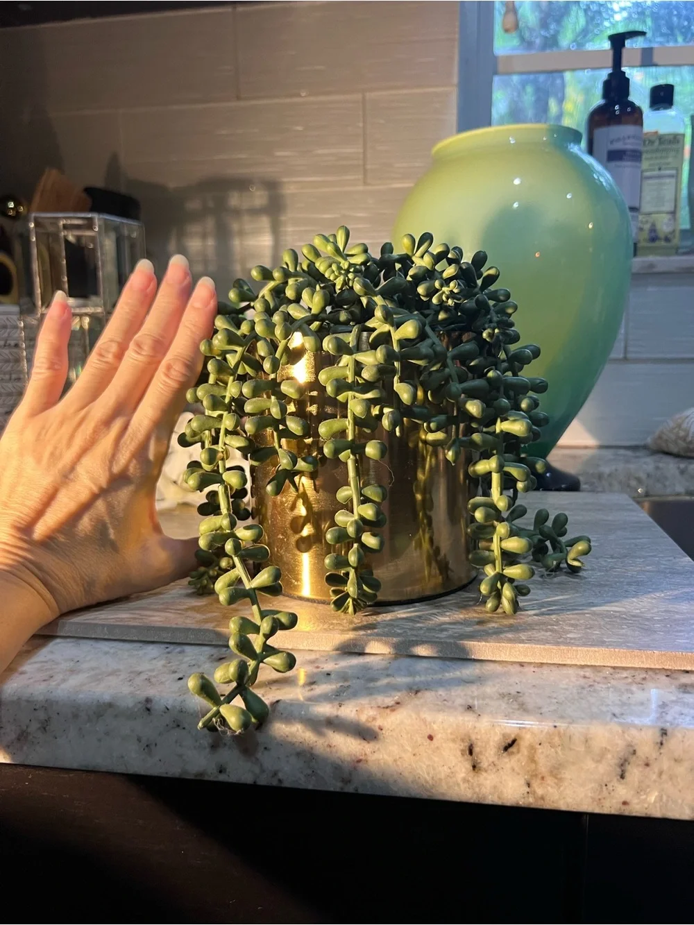 Artificial Burrow tail faux Succulent plant in Gold or Brass Planter